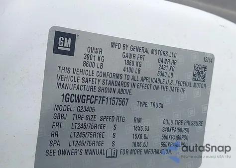 2015 Chevrolet Express 2500 Work Van z USA, uszkodzony, nr VIN 1GCWGFCF7F1157567